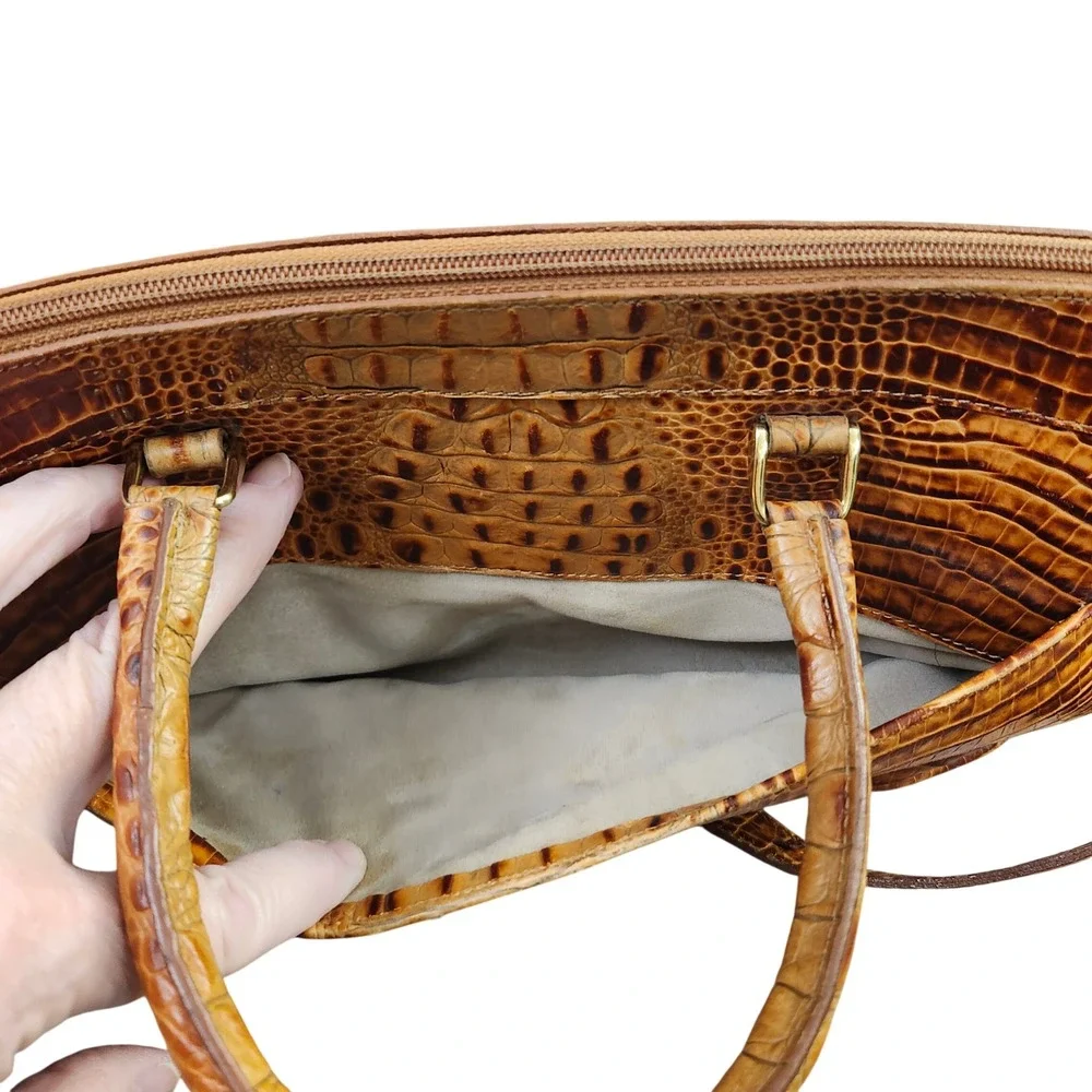 Brahmin Vtg Brown Croc- Embossed Stacy Satchel Leather Handbag Crossbody Bag - Picture 11 of 12